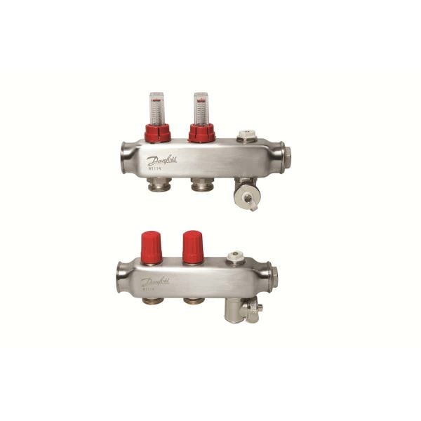 2-Orifice manifold set, Flow, Return, Stainless, With flow meter, On air purgers, 088U0752 floor heating collector