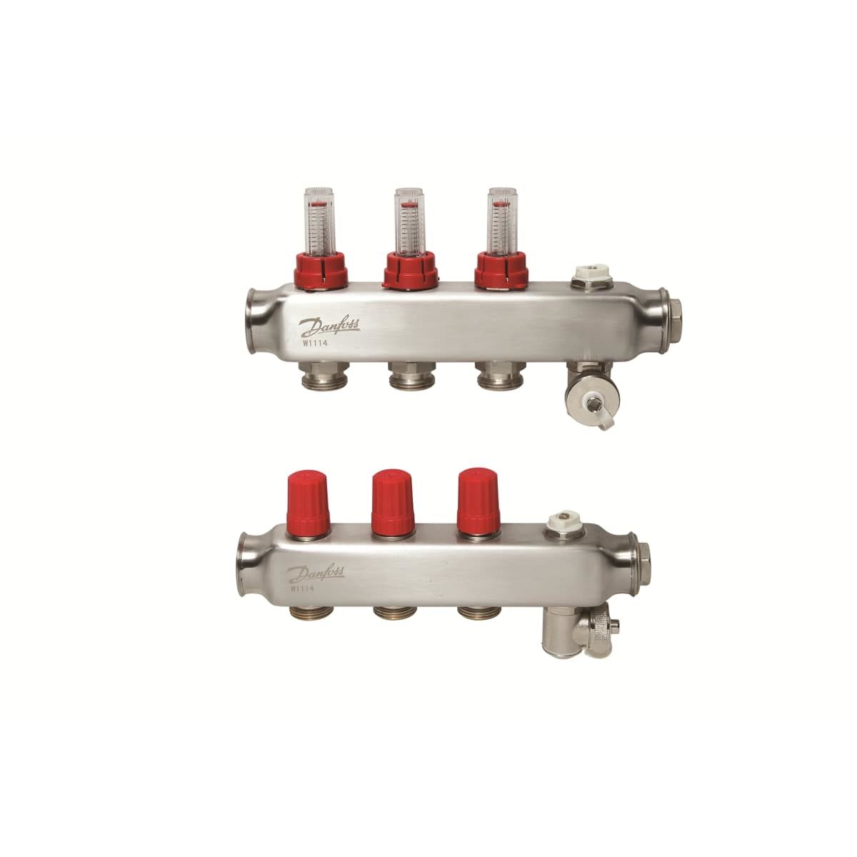 3-Orifice manifold set, Flow, Return, Stainless, With flow meter, On air purgers, 088U0753 floor heating collector