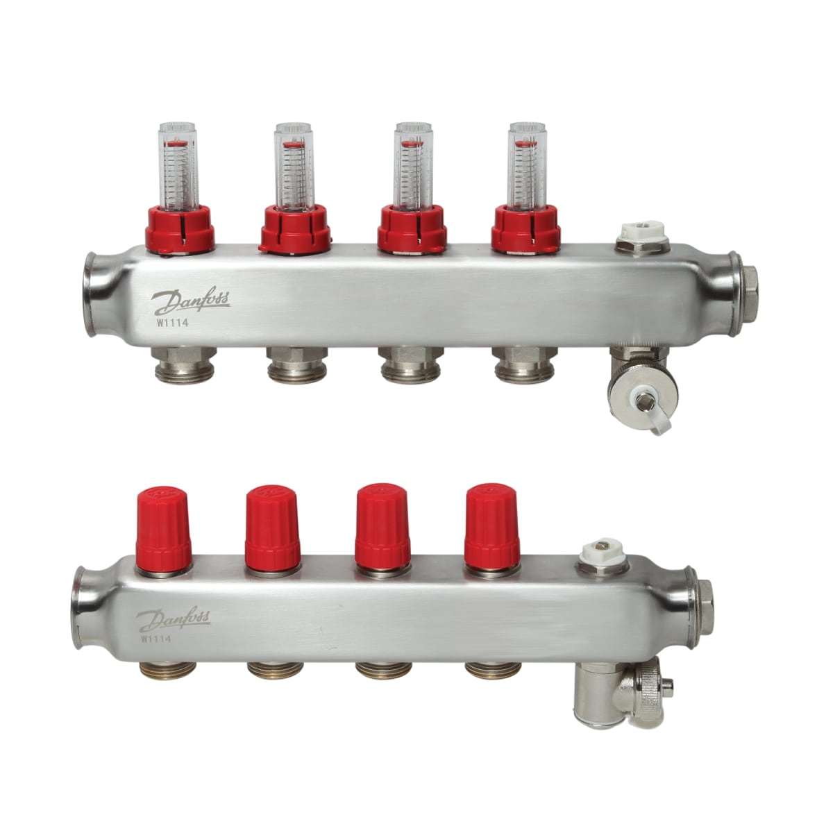 4-Orifice manifold set, Flow, Return, Stainless, With flow meter, On air purgers, 088U0754 floor heating collector