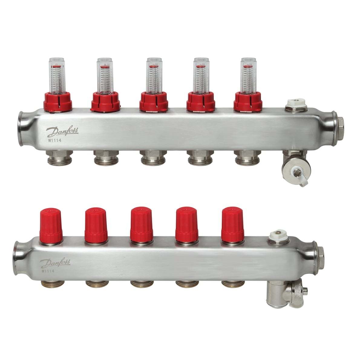 5-Orifice manifold set, Flow, Return, Stainless, With flow meter, On air purgers, 088U0755 floor heating collector