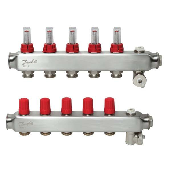 5-Orifice manifold set, Flow, Return, Stainless, With flow meter, On air purgers, 088U0755 floor heating collector