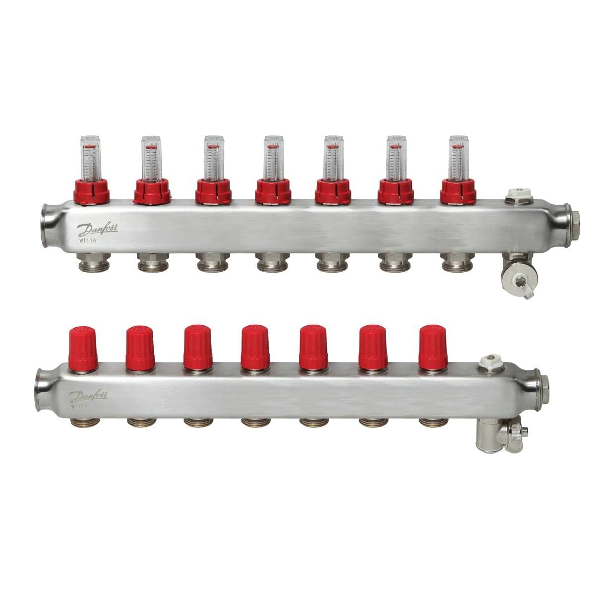 7-Port manifold set, Flow, Return, Stainless, With flow meter, On air purgers, 088U0757 floor heating collector
