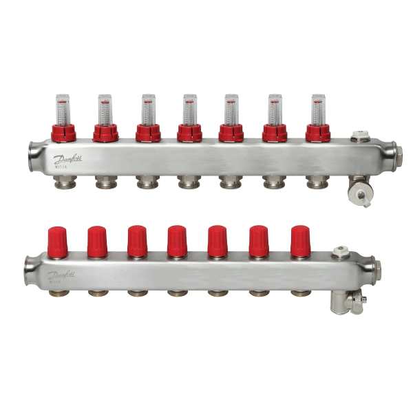 7-Port manifold set, Flow, Return, Stainless, With flow meter, On air purgers, 088U0757 floor heating collector