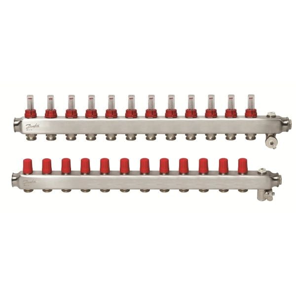 12 Ağızlı manifold seti, Gidiş, Dönüş, Paslanmaz, Debimetreli, Hava purjörleri üzerinde, 088U0762 yerden ısıtma kollektörü