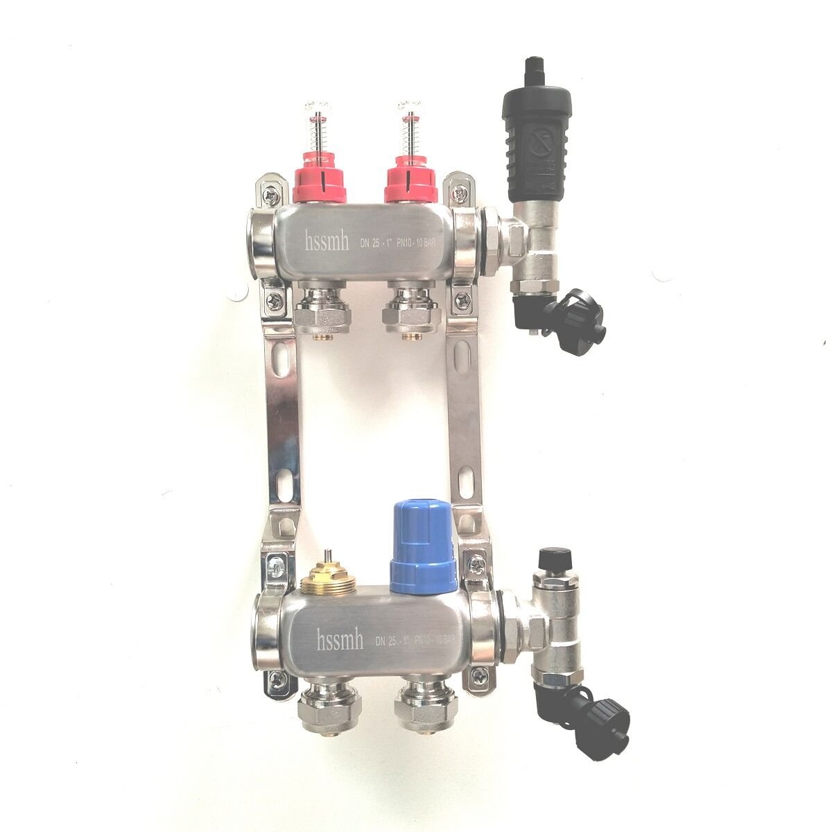 2 Ağızlı Yerden Isıtma Kollektör seti, Gidiş, Dönüş, Paslanmaz, Debimetreli, Hava purjörleri, boşaltma vanaları, askı kelepçe seti, 16x2 Eurokonus pex bağlantı rekorları dahil