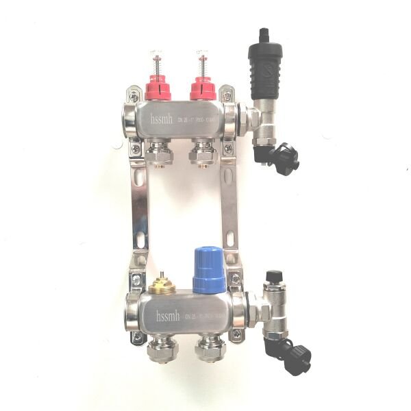 2 Ağızlı Yerden Isıtma Kollektör seti, Gidiş, Dönüş, Paslanmaz, Debimetreli, Hava purjörleri, boşaltma vanaları, askı kelepçe seti, 16x2 Eurokonus pex bağlantı rekorları dahil