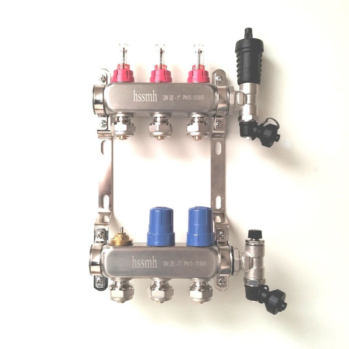 3 Ağızlı Yerden Isıtma Kollektör seti, Gidiş, Dönüş, Paslanmaz, Debimetreli, Hava purjörleri, boşaltma vanaları, askı kelepçe seti, 16x2 Eurokonus pex bağlantı rekorları dahil