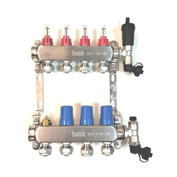 4 Ağızlı Yerden Isıtma Kollektör seti, Gidiş, Dönüş, Paslanmaz, Debimetreli, Hava purjörleri, boşaltma vanaları, askı kelepçe seti, 16x2 Eurokonus pex bağlantı rekorları dahil