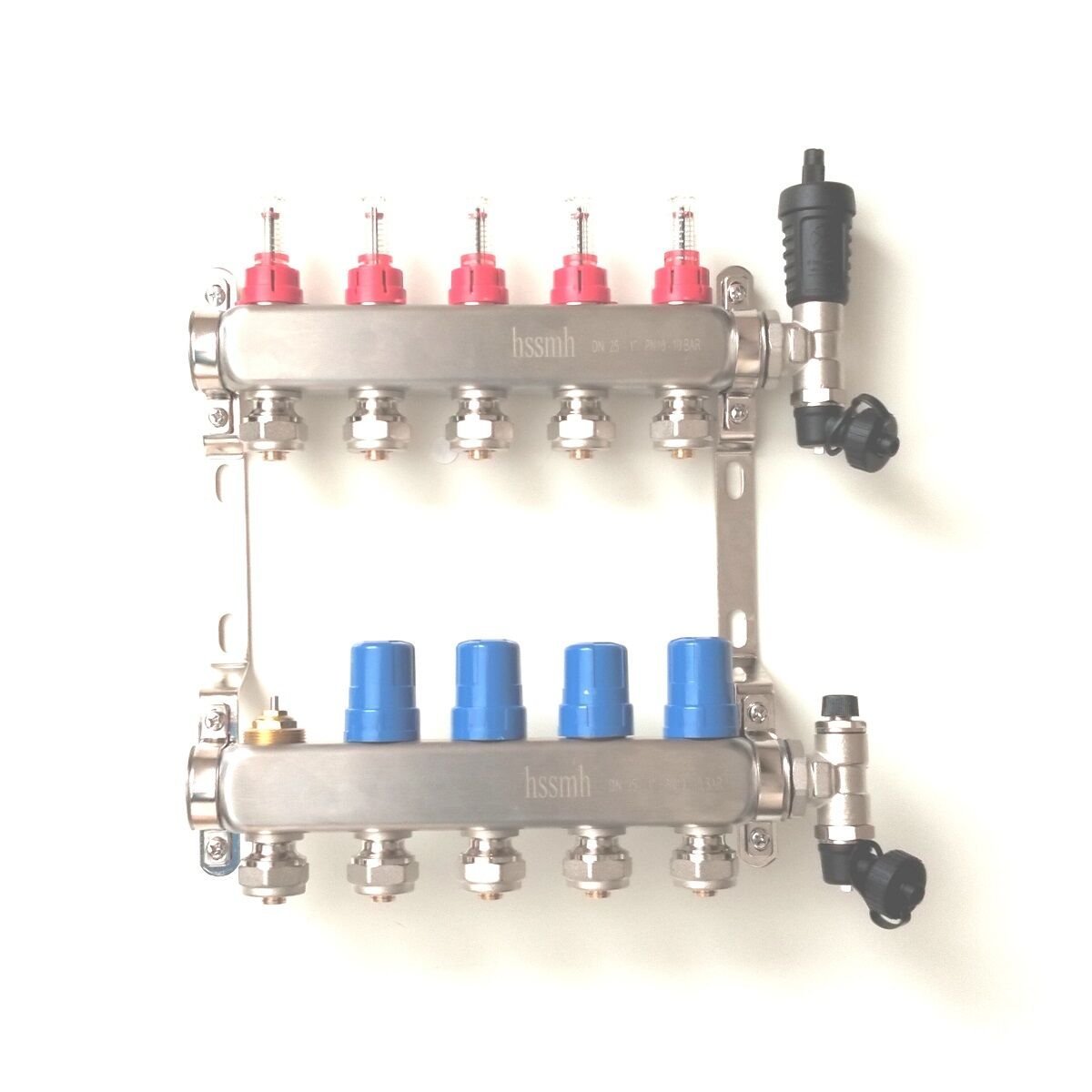 5 Ağızlı Yerden Isıtma Kollektör seti, Gidiş, Dönüş, Paslanmaz, Debimetreli, Hava purjörleri, boşaltma vanaları, askı kelepçe seti, 16x2 Eurokonus pex bağlantı rekorları dahil