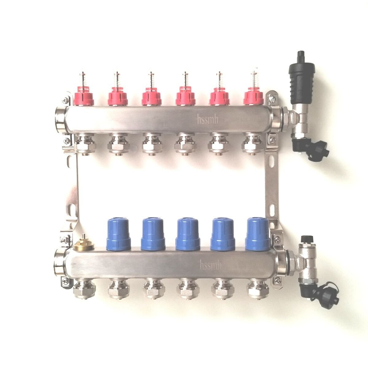 6 Ağızlı Yerden Isıtma Kollektör seti, Gidiş, Dönüş, Paslanmaz, Debimetreli, Hava purjörleri, boşaltma vanaları, askı kelepçe seti, 16x2 Eurokonus pex bağlantı rekorları dahil