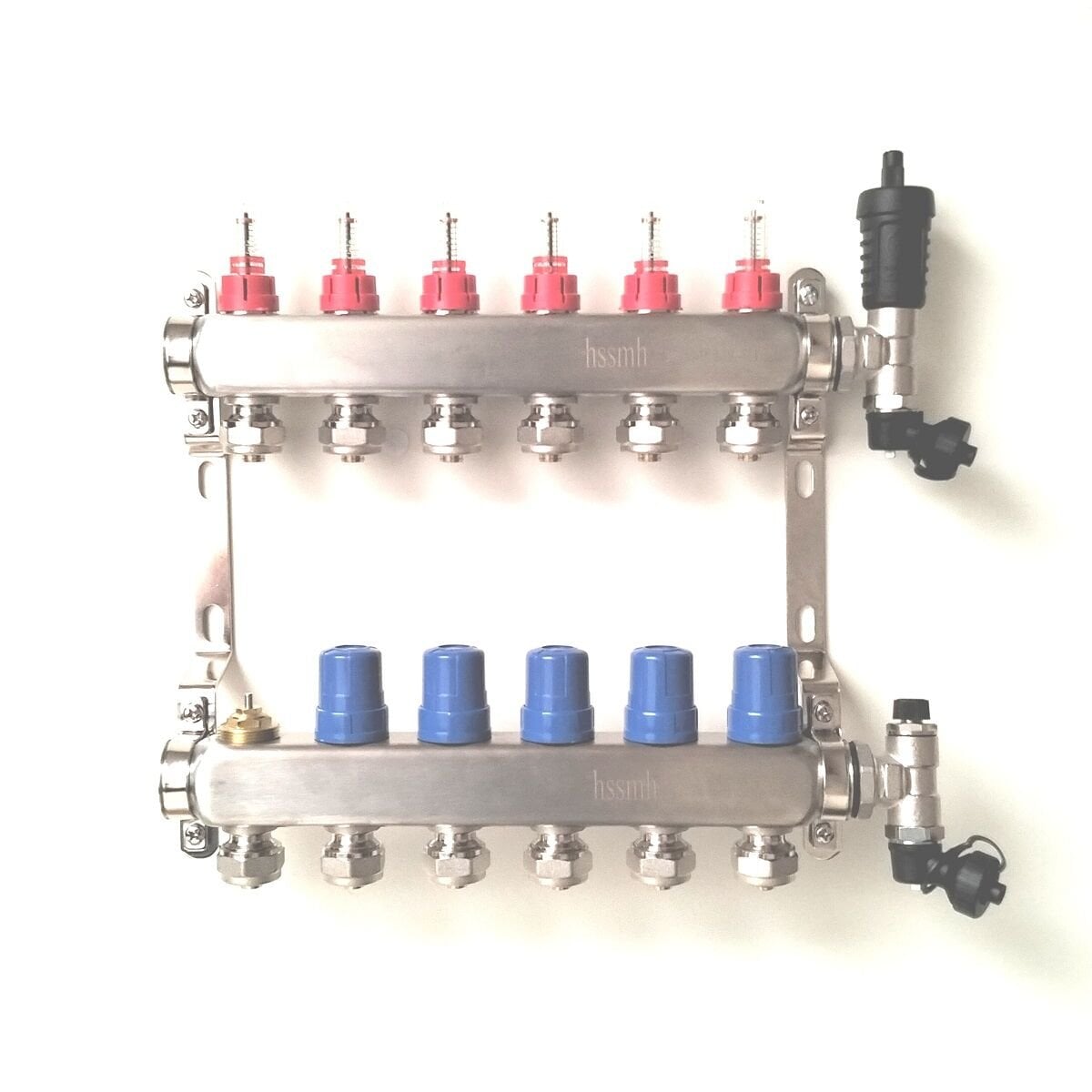 6 Ağızlı Yerden Isıtma Kollektör seti, Gidiş, Dönüş, Paslanmaz, Debimetreli, Hava purjörleri, boşaltma vanaları, askı kelepçe seti, 16x2 Eurokonus pex bağlantı rekorları dahil