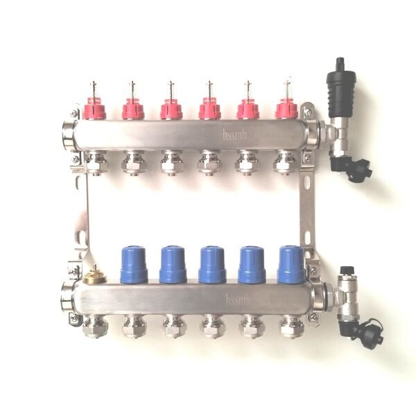 6 Ağızlı Yerden Isıtma Kollektör seti, Gidiş, Dönüş, Paslanmaz, Debimetreli, Hava purjörleri, boşaltma vanaları, askı kelepçe seti, 16x2 Eurokonus pex bağlantı rekorları dahil