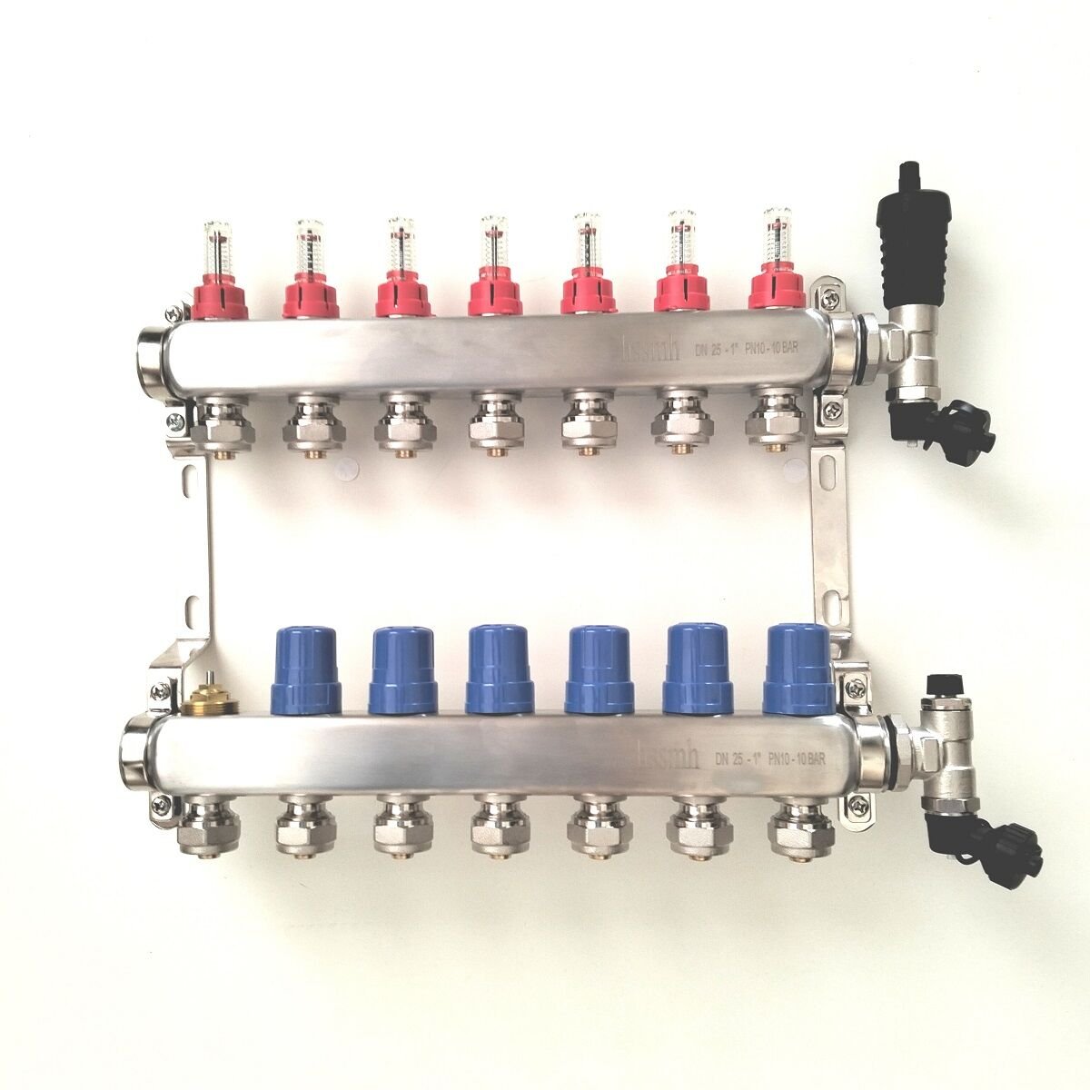 7 Ağızlı Yerden Isıtma Kollektör seti, Gidiş, Dönüş, Paslanmaz, Debimetreli, Hava purjörleri, boşaltma vanaları, askı kelepçe seti, 16x2 Eurokonus pex bağlantı rekorları dahil