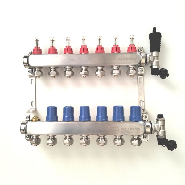 7 Ağızlı Yerden Isıtma Kollektör seti, Gidiş, Dönüş, Paslanmaz, Debimetreli, Hava purjörleri, boşaltma vanaları, askı kelepçe seti, 16x2 Eurokonus pex bağlantı rekorları dahil