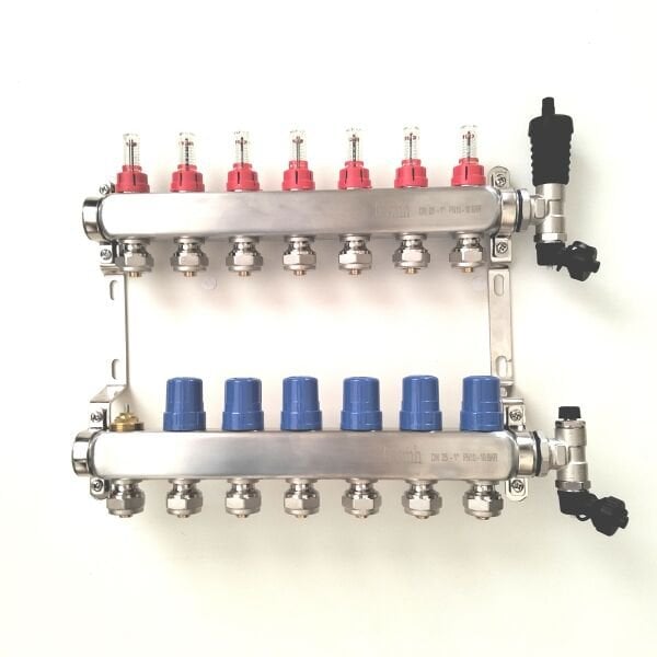 7 Ağızlı Yerden Isıtma Kollektör seti, Gidiş, Dönüş, Paslanmaz, Debimetreli, Hava purjörleri, boşaltma vanaları, askı kelepçe seti, 16x2 Eurokonus pex bağlantı rekorları dahil