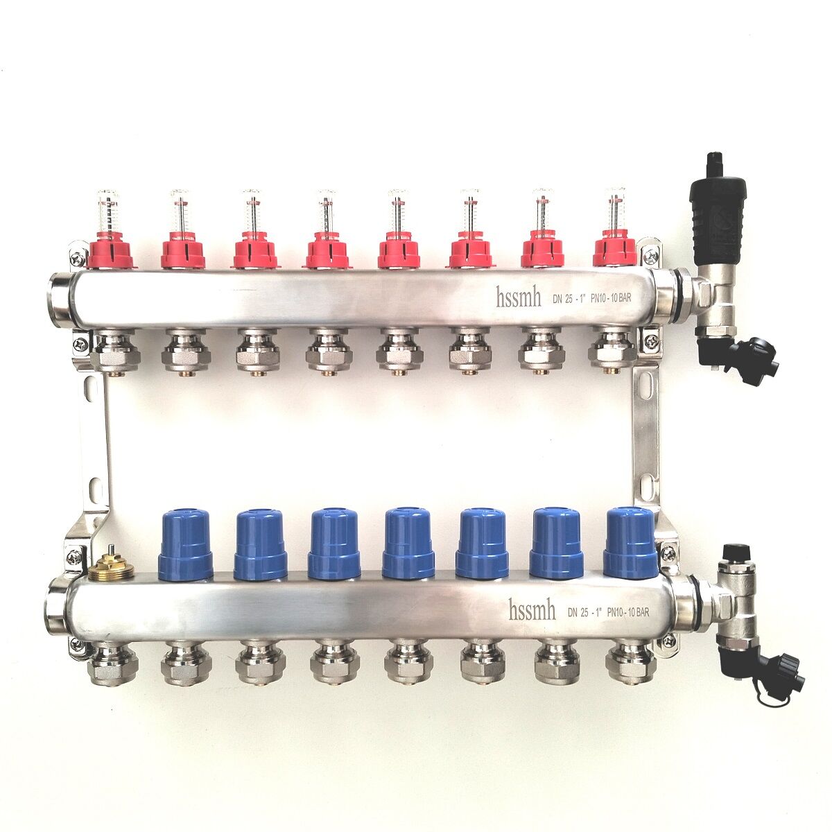 8 Ağızlı Yerden Isıtma Kollektör seti, Gidiş, Dönüş, Paslanmaz, Debimetreli, Hava purjörleri, boşaltma vanaları, askı kelepçe seti, 16x2 Eurokonus pex bağlantı rekorları dahil