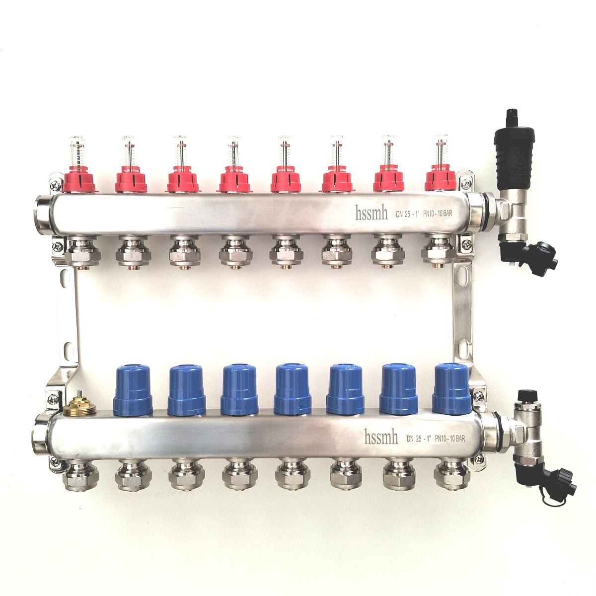 8 Ağızlı Yerden Isıtma Kollektör seti, Gidiş, Dönüş, Paslanmaz, Debimetreli, Hava purjörleri, boşaltma vanaları, askı kelepçe seti, 16x2 Eurokonus pex bağlantı rekorları dahil