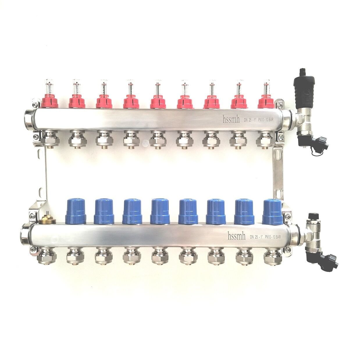 9 Ağızlı Yerden Isıtma Kollektör seti, Gidiş, Dönüş, Paslanmaz, Debimetreli, Hava purjörleri, boşaltma vanaları, askı kelepçe seti, 16x2-3/4'' Eurokonus pex bağlantı rekorları dahil