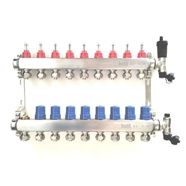 9 Ağızlı Yerden Isıtma Kollektör seti, Gidiş, Dönüş, Paslanmaz, Debimetreli, Hava purjörleri, boşaltma vanaları, askı kelepçe seti, 16x2-3/4'' Eurokonus pex bağlantı rekorları dahil