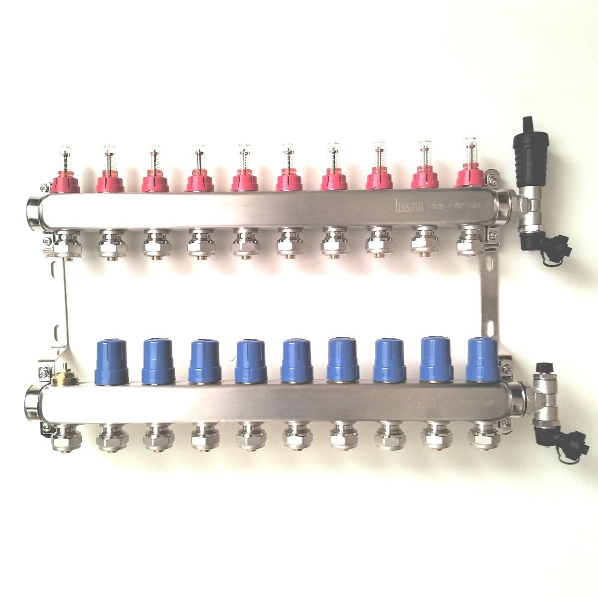 10 Ağızlı Yerden Isıtma Kollektör seti, Gidiş, Dönüş, Paslanmaz, Debimetreli, Hava purjörleri, boşaltma vanaları, askı kelepçe seti, 16x2 Eurokonus pex bağlantı rekorları dahil