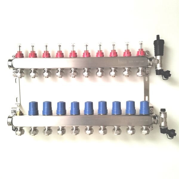 10 Ağızlı Yerden Isıtma Kollektör seti, Gidiş, Dönüş, Paslanmaz, Debimetreli, Hava purjörleri, boşaltma vanaları, askı kelepçe seti, 16x2 Eurokonus pex bağlantı rekorları dahil