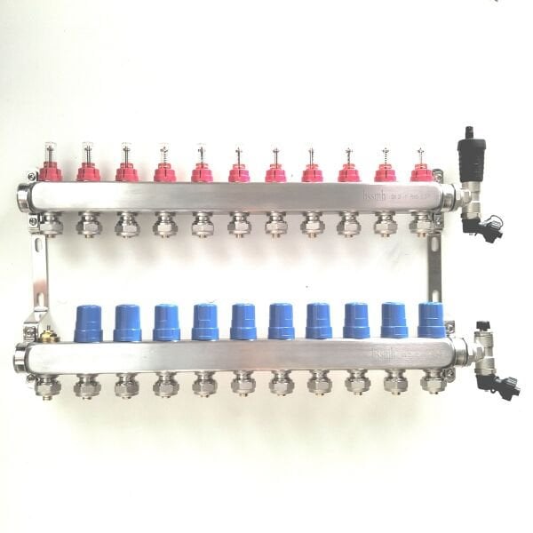 11 Ağızlı Yerden Isıtma Kollektör seti, Gidiş, Dönüş, Paslanmaz, Debimetreli, Hava purjörleri, boşaltma vanaları, askı kelepçe seti, 16x2 Eurokonus pex bağlantı rekorları dahil