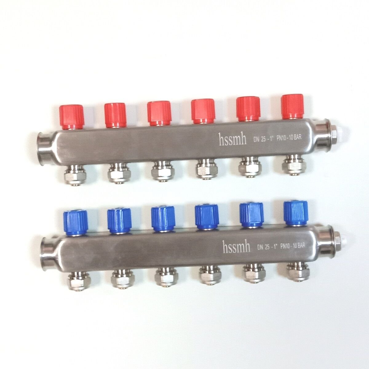 6 Ağızlı (16x2 boru bağlantılı) Paslanmaz Çelik Kollektör Seti, Gidiş Dönüş (Kırmızı + Mavi), Açma Kapama Vanalı