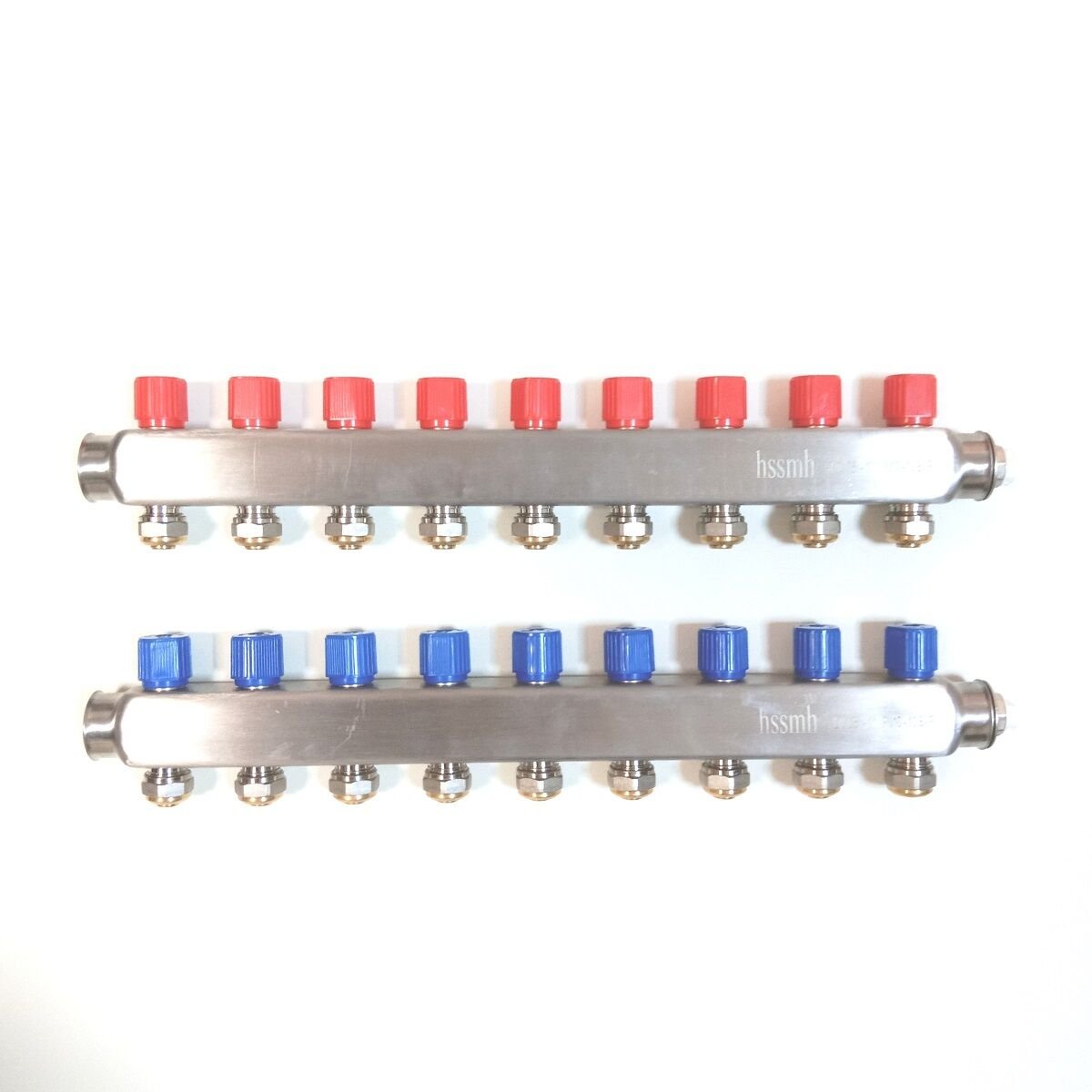 9 Ağızlı (16x2 boru bağlantılı) Paslanmaz Çelik Kollektör Seti, Gidiş Dönüş (Kırmızı + Mavi), Açma Kapama Vanalı