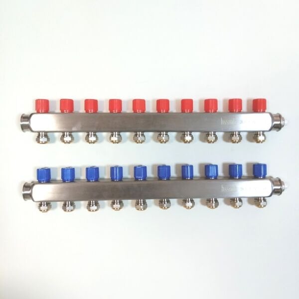 10 Ağızlı (16x2 boru bağlantılı) Paslanmaz Çelik Kollektör Seti, Gidiş Dönüş (Kırmızı + Mavi), Açma Kapama Vanalı