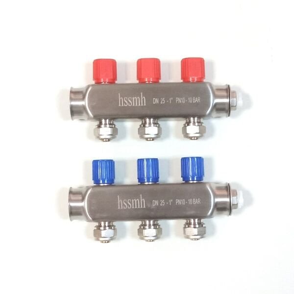 3 Ağızlı (16x2 boru bağlantılı) Paslanmaz Çelik Kollektör Seti, Gidiş Dönüş (Kırmızı + Mavi), Açma Kapama Vanalı