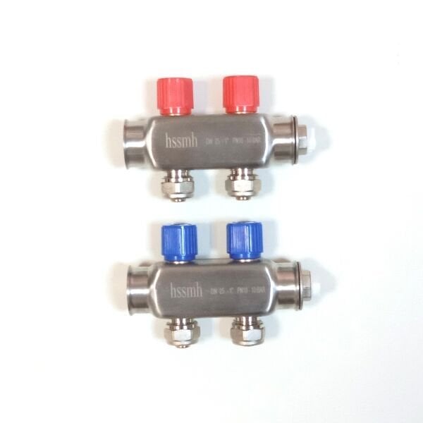 2 Ağızlı (17x2 boru bağlantılı) Paslanmaz Çelik Kollektör Seti, Gidiş Dönüş (Kırmızı + Mavi), Açma Kapama Vanalı