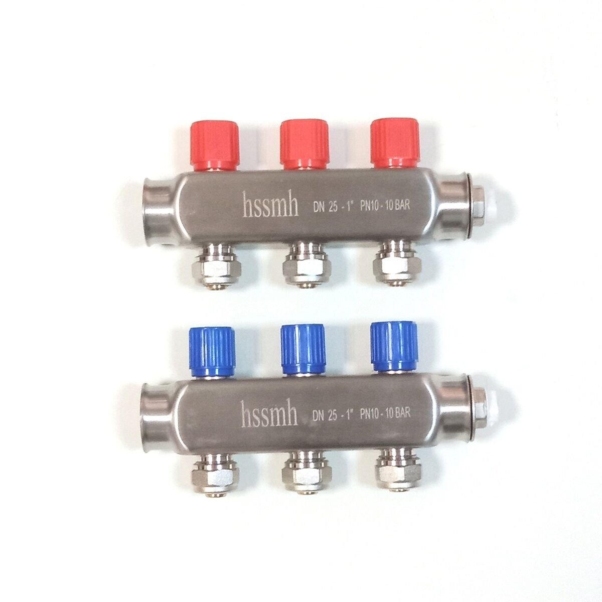 3 Ağızlı (17x2 boru bağlantılı) Paslanmaz Çelik Kollektör Seti, Gidiş Dönüş (Kırmızı + Mavi), Açma Kapama Vanalı