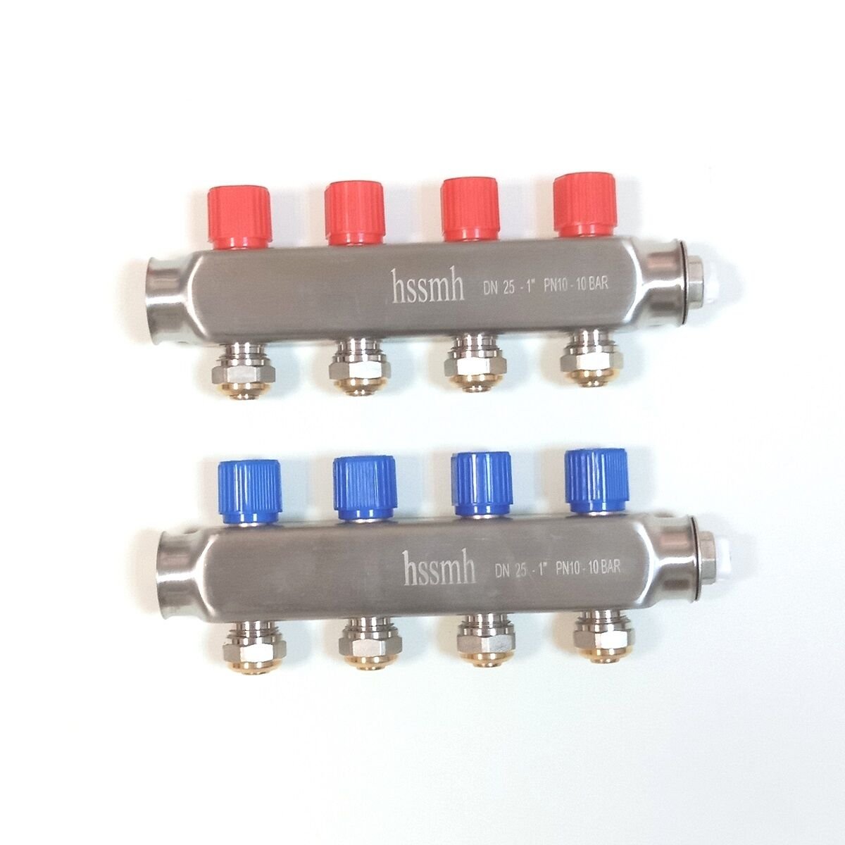 4 Ağızlı (17x2 boru bağlantılı) Paslanmaz Çelik Kollektör Seti, Gidiş Dönüş (Kırmızı + Mavi), Açma Kapama Vanalı