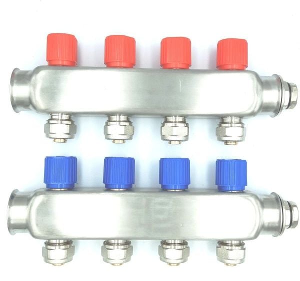 7 Ağızlı  (17x2 boru bağlantılı) Paslanmaz Çelik Kollektör Seti, Gidiş Dönüş (Kırmızı + Mavi), Açma Kapama Vanalı