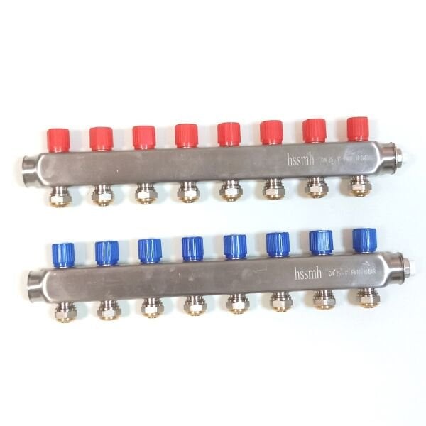 8 Ağızlı (17x2 boru bağlantılı) Paslanmaz Çelik Kollektör Seti, Gidiş Dönüş (Kırmızı + Mavi), Açma Kapama Vanalı