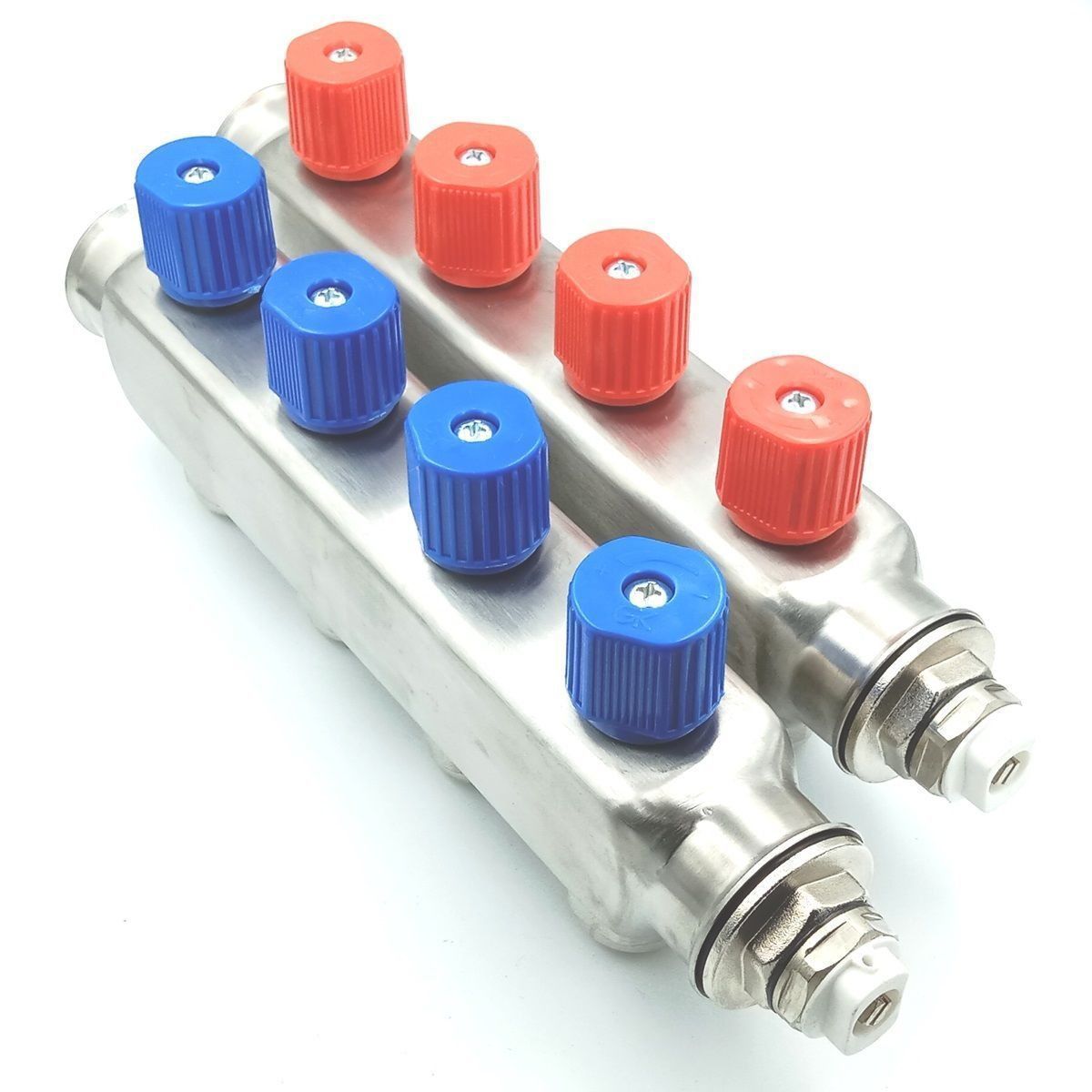 8 Ağızlı (17x2 boru bağlantılı) Paslanmaz Çelik Kollektör Seti, Gidiş Dönüş (Kırmızı + Mavi), Açma Kapama Vanalı