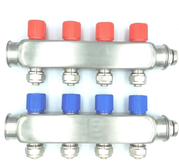 8 Ağızlı (17x2 boru bağlantılı) Paslanmaz Çelik Kollektör Seti, Gidiş Dönüş (Kırmızı + Mavi), Açma Kapama Vanalı