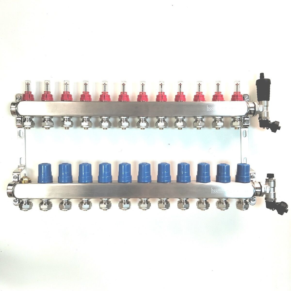 14 Ağızlı Yerden Isıtma Kollektör seti, Gidiş, Dönüş, Paslanmaz, Debimetreli, Hava purjörleri, boşaltma vanaları, askı kelepçe seti, 16x2 Eurokonus pex bağlantı rekorları dahil