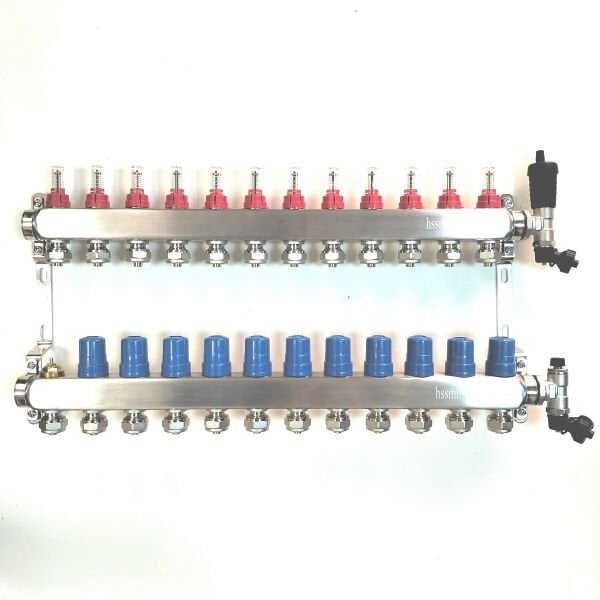 14 Ağızlı Yerden Isıtma Kollektör seti, Gidiş, Dönüş, Paslanmaz, Debimetreli, Hava purjörleri, boşaltma vanaları, askı kelepçe seti, 16x2 Eurokonus pex bağlantı rekorları dahil