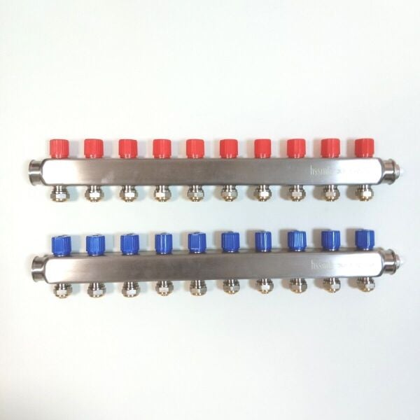 12 Ağızlı (16x2 boru bağlantılı) Paslanmaz Çelik Kollektör Seti, Gidiş Dönüş (Kırmızı + Mavi), Açma Kapama Vanalı