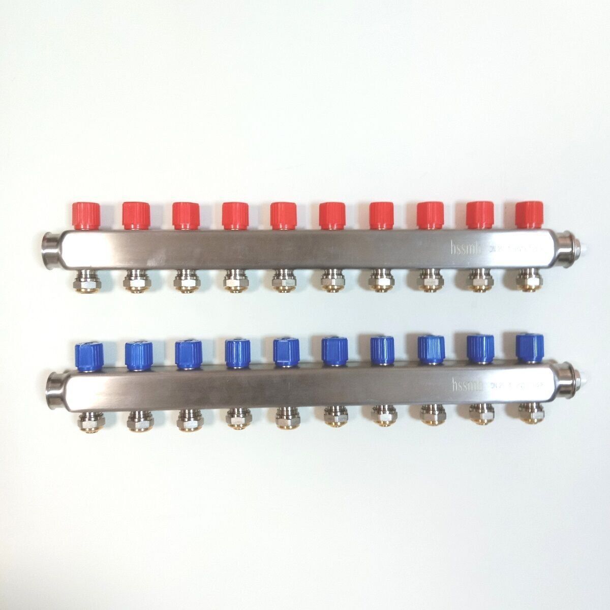 12 Ağızlı (17x2 boru bağlantılı) Paslanmaz Çelik Kollektör Seti, Gidiş Dönüş (Kırmızı + Mavi), Açma Kapama Vanalı