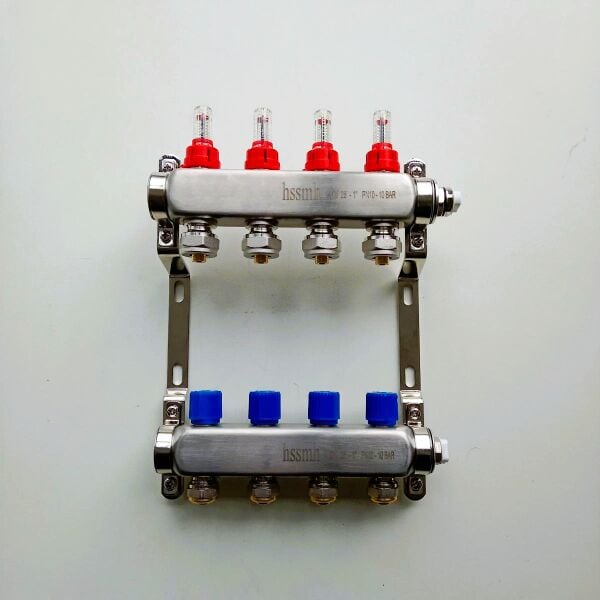 4 Ağızlı Yerden Isıtma Kollektör seti, Paslanmaz, Gidiş Debimetreli, Dönüş Manuel (aç/kapa), manuel hava purjörleri üzerinde, askı kelepçe seti dahil,  Bağlantı (16x2 Pex)