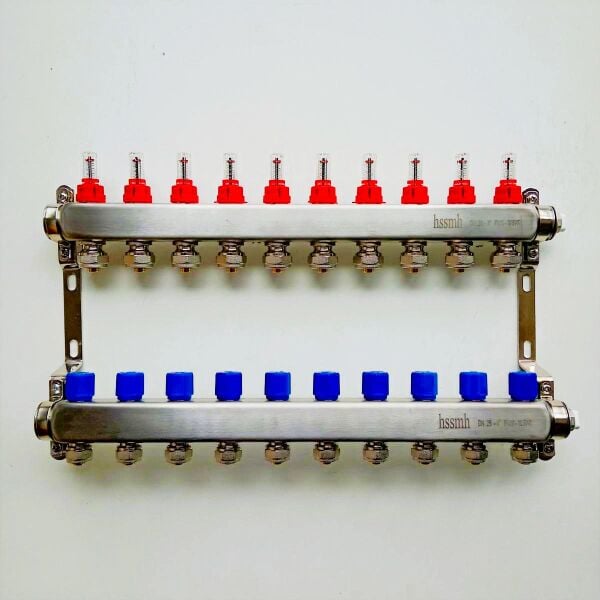 10 Ağızlı Yerden Isıtma Kollektör seti, Paslanmaz, Gidiş Debimetreli, Dönüş Manuel (aç/kapa), manuel hava purjörleri üzerinde, askı kelepçe seti dahil,  Bağlantı (16x2 Pex)